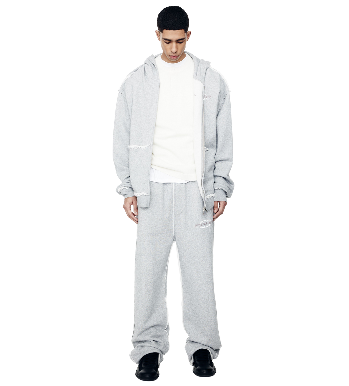 Logo Raw Edge Zip Up Hoodie Grey Melange
