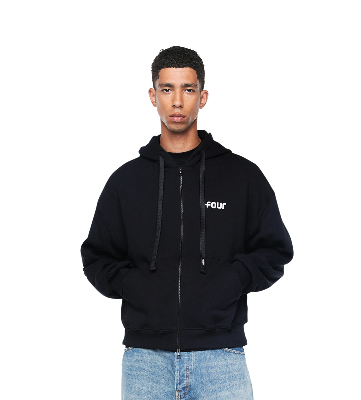 Logo Boxy Zip Up Hoodie Black