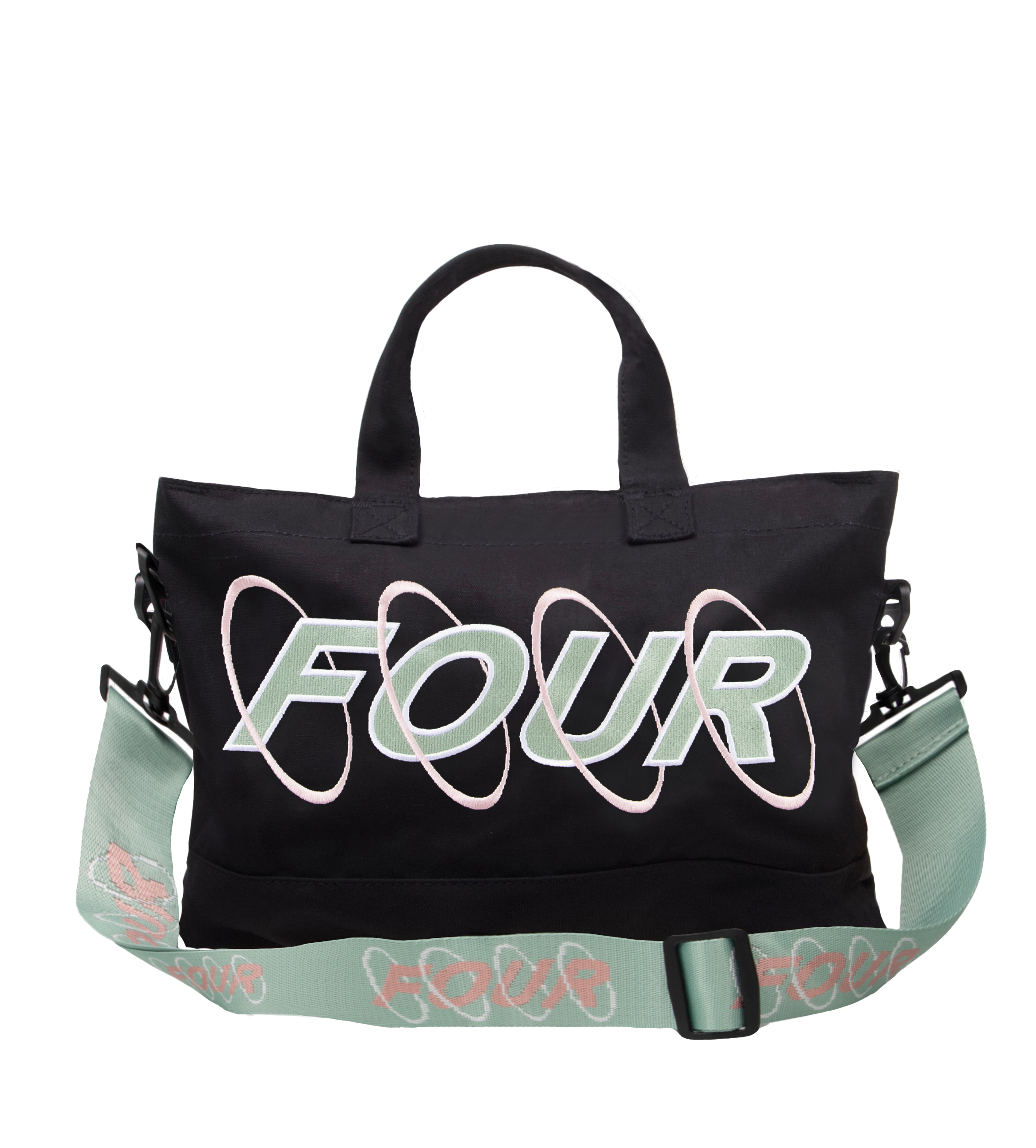 Black bag with 'FOUR' printed on it against a white background
