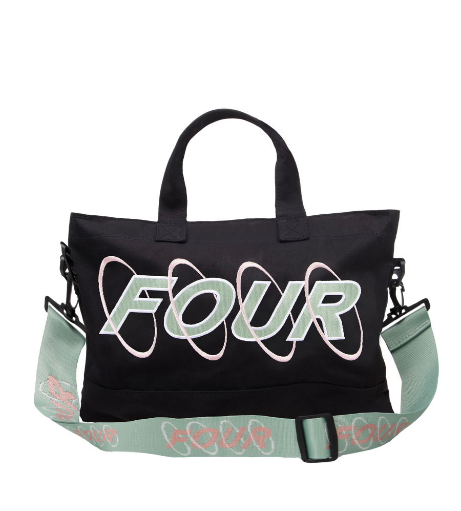 Black bag with 'FOUR' printed on it against a white background