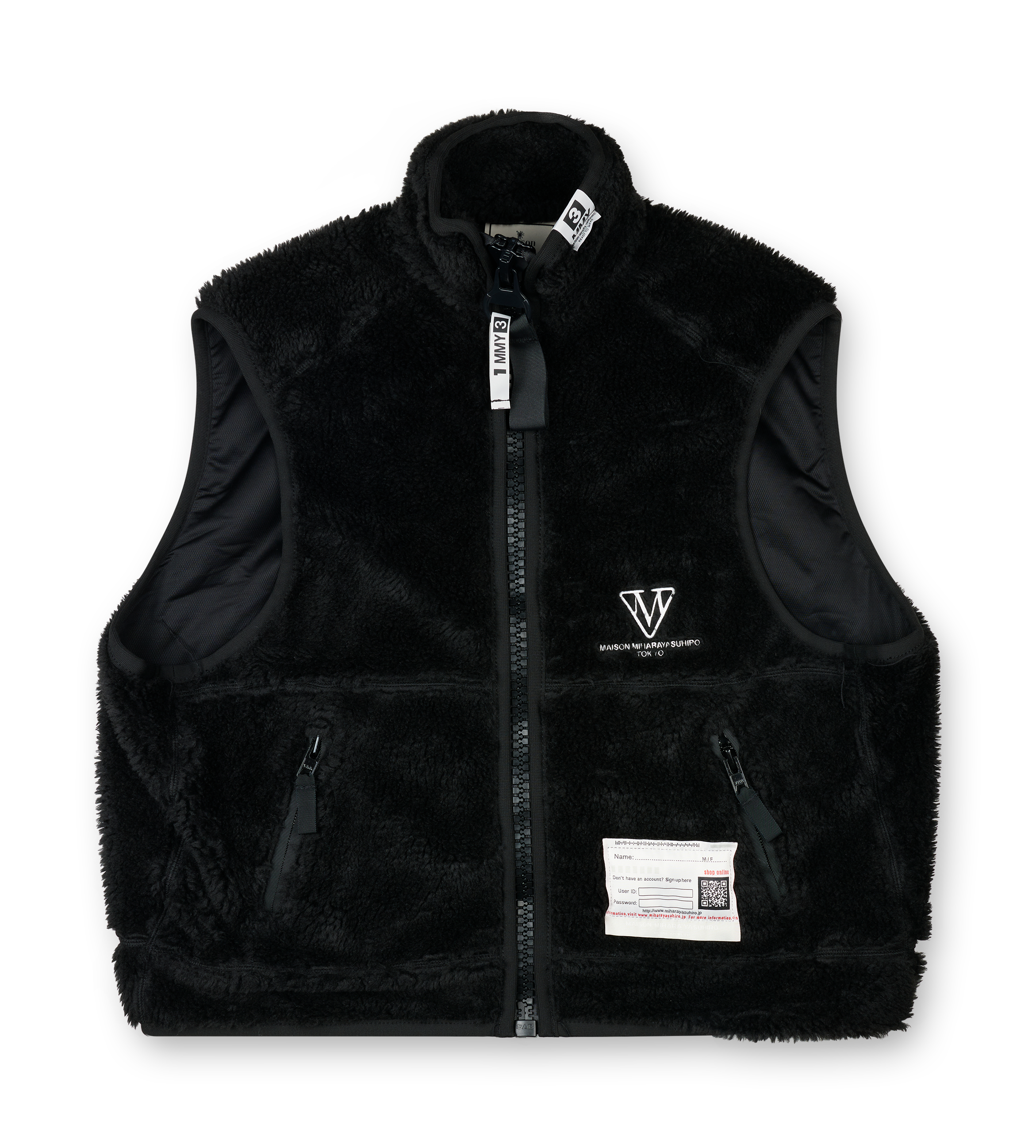 Maison Mihara Yasuhiro black oversized boa vest with wide back silhouette and large zip closure