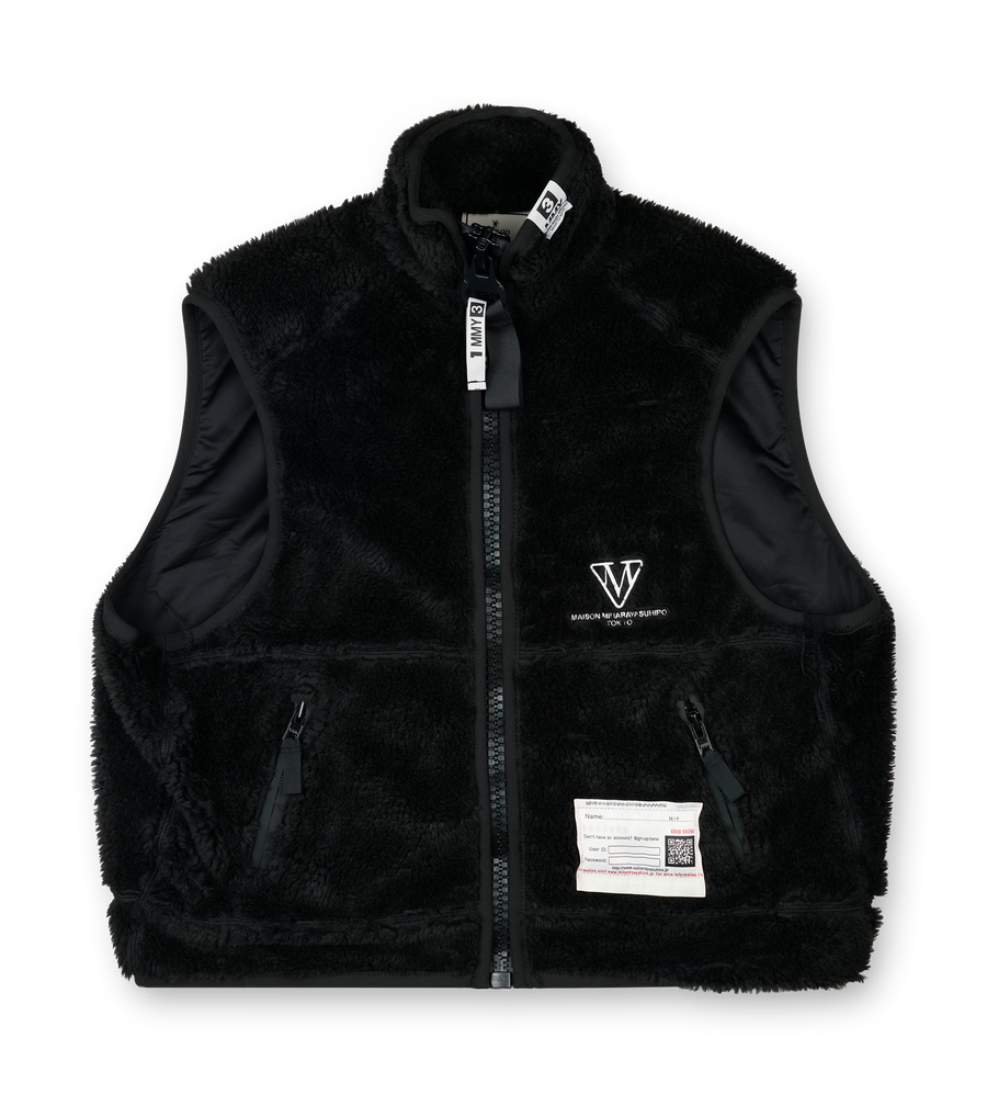 Maison Mihara Yasuhiro black oversized boa vest with wide back silhouette and large zip closure