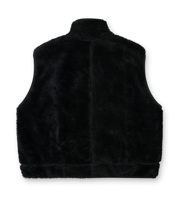 Maison Mihara Yasuhiro black oversized boa vest with wide back silhouette and large zip closure