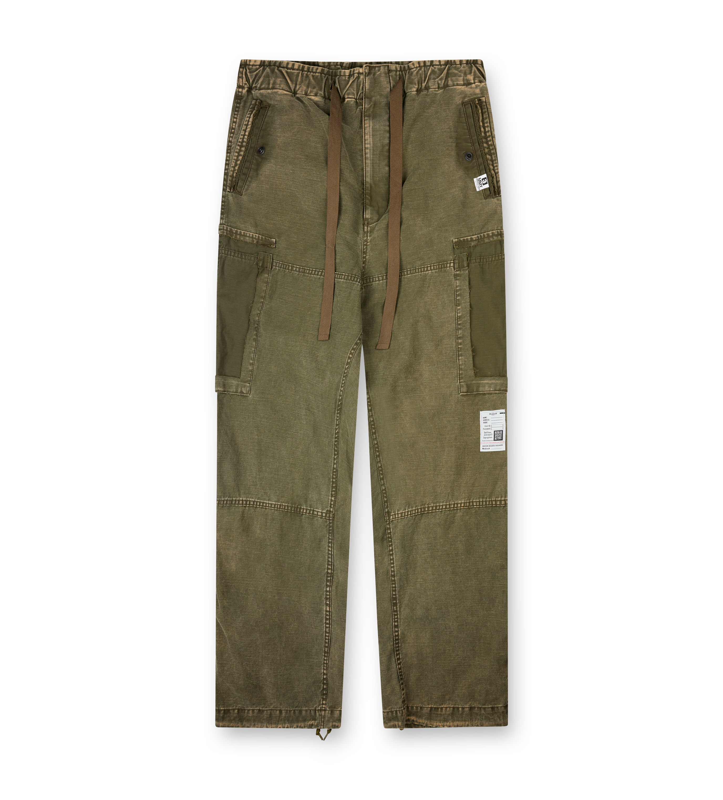 Maison Mihara Yasuhiro black cotton satin cargo pants with vintage finish and drawstring hems
