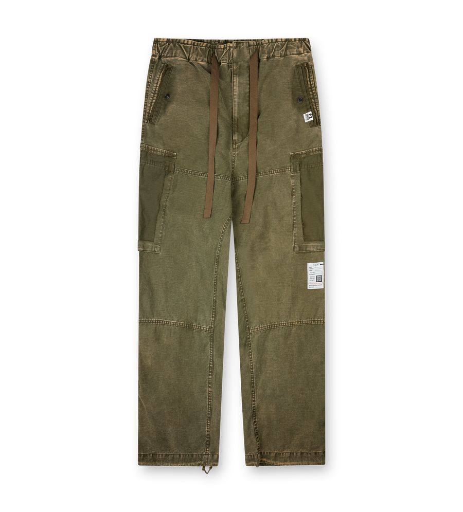 Maison Mihara Yasuhiro black cotton satin cargo pants with vintage finish and drawstring hems