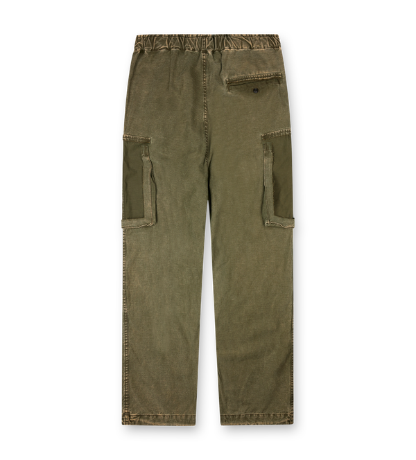 Maison Mihara Yasuhiro black cotton satin cargo pants with vintage finish and drawstring hems