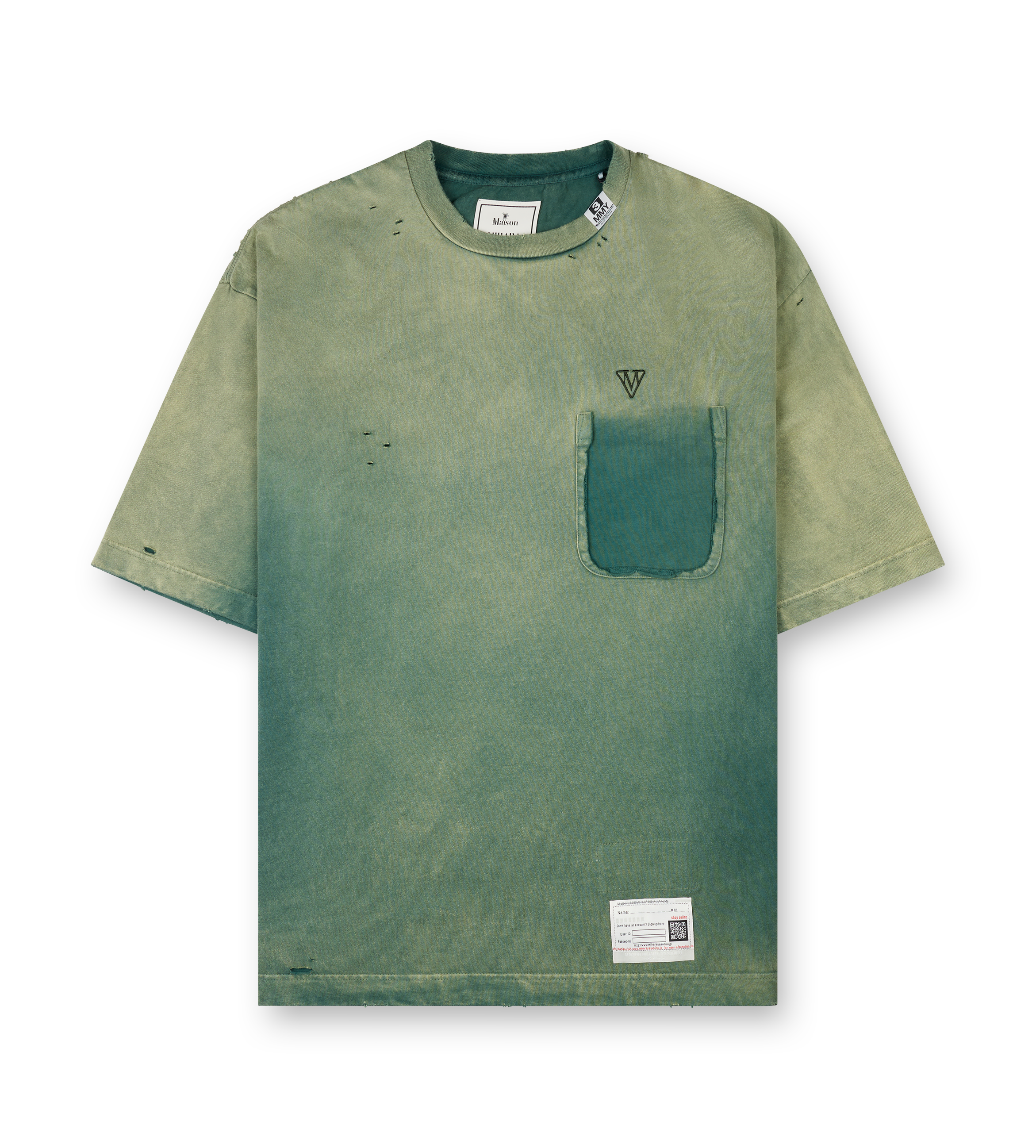 Maison Mihara Yasuhiro green cotton T-shirt with sun-faded distressed finish, torn chest pocket and embroidered logo