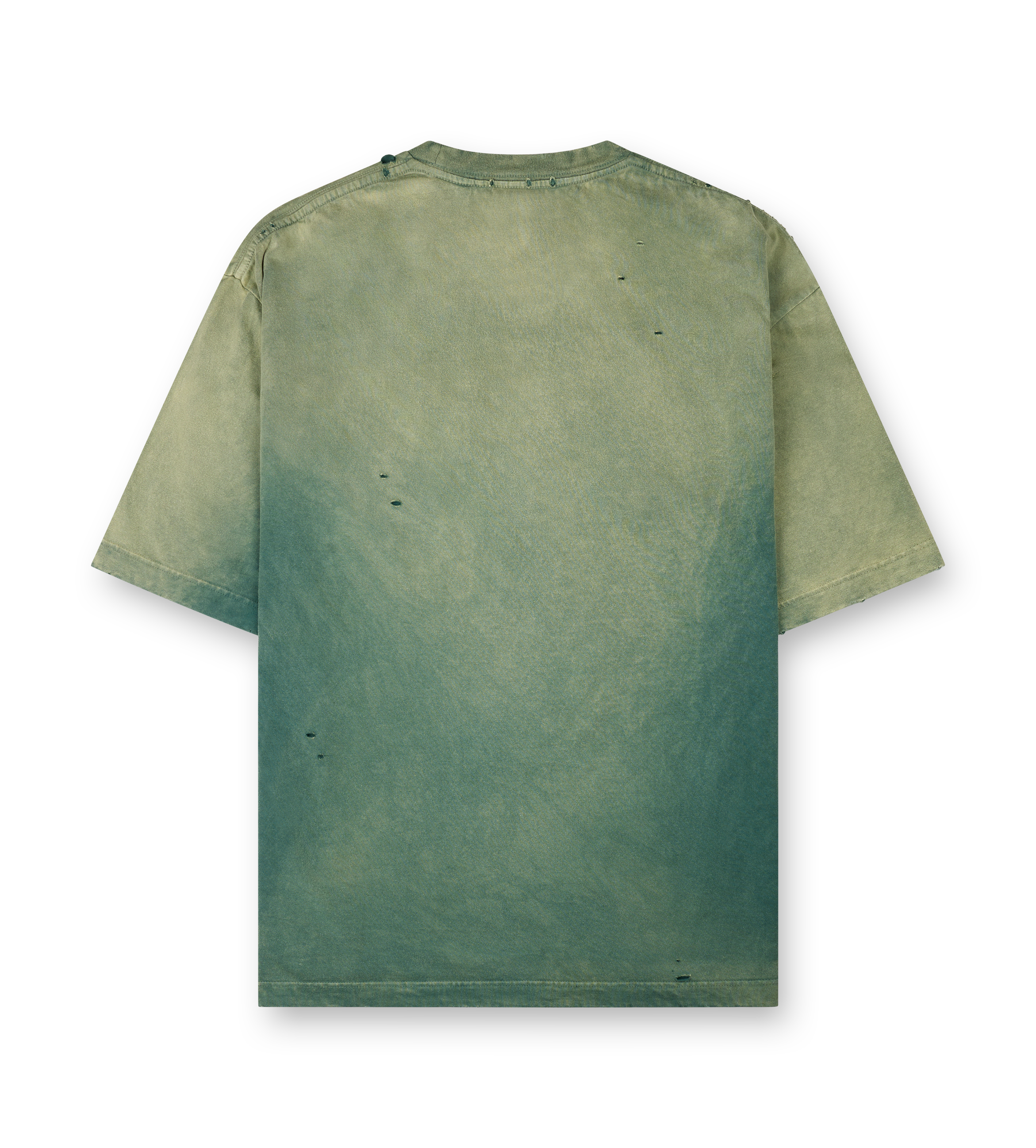 Maison Mihara Yasuhiro green cotton T-shirt with sun-faded distressed finish, torn chest pocket and embroidered logo