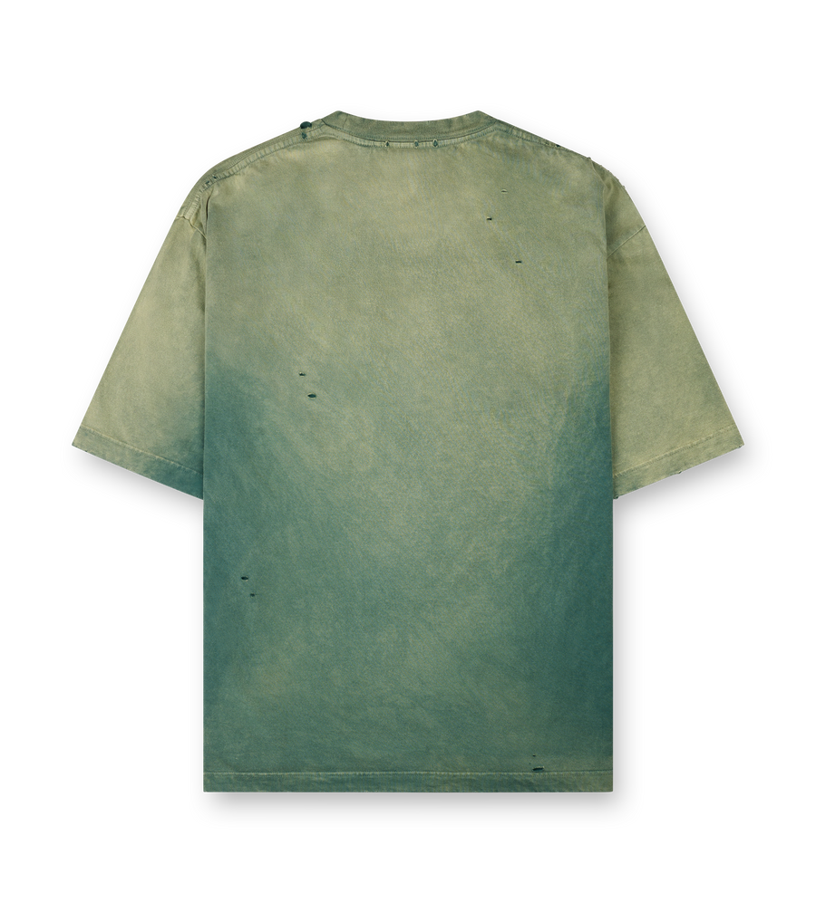 Maison Mihara Yasuhiro green cotton T-shirt with sun-faded distressed finish, torn chest pocket and embroidered logo