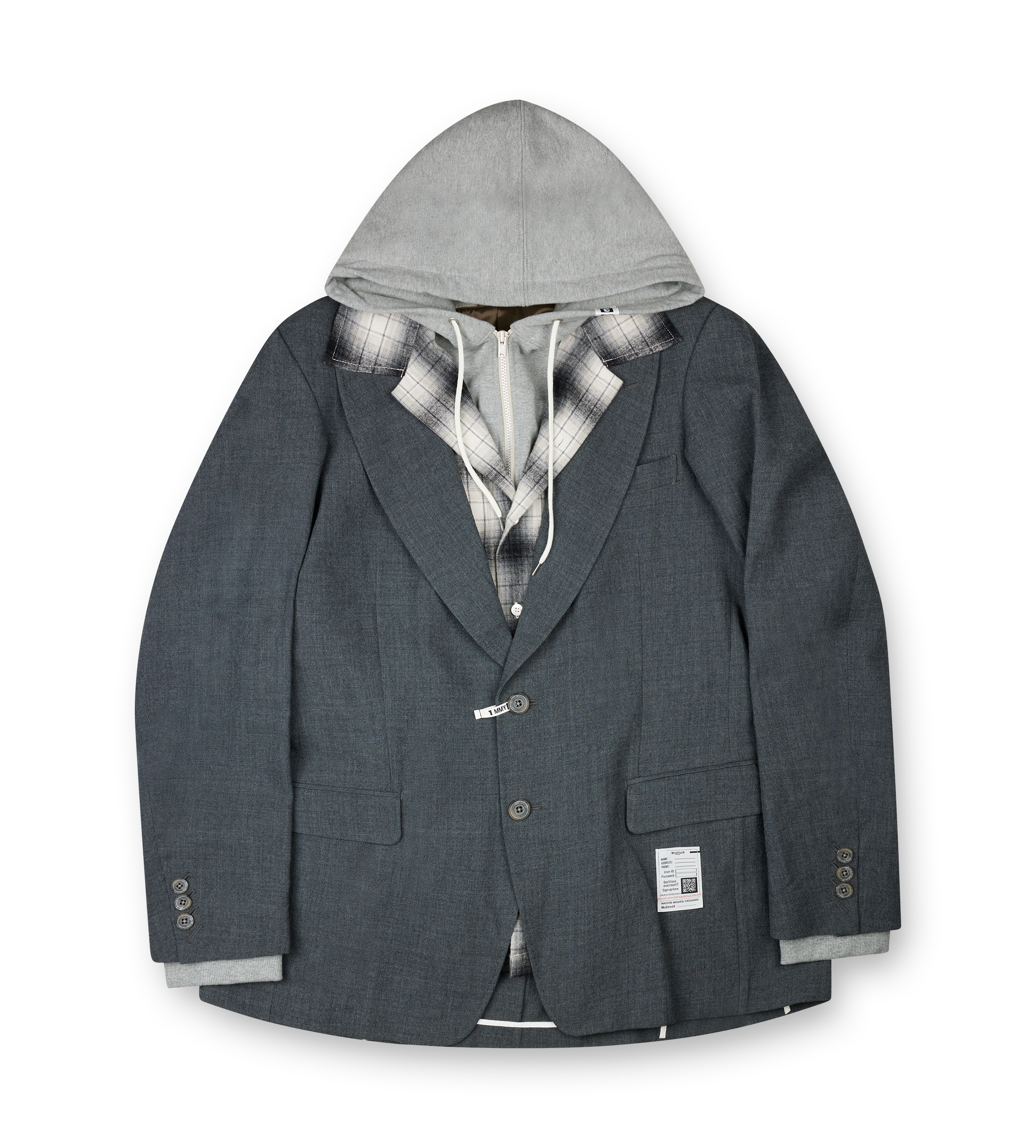 Maison Mihara Yasuhiro FW25 gray triple layered wool blazer with integrated hoodie and checked shirt insert