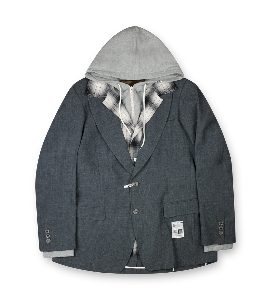 Maison Mihara Yasuhiro FW25 gray triple layered wool blazer with integrated hoodie and checked shirt insert