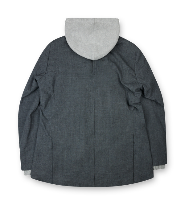 Maison Mihara Yasuhiro FW25 gray triple layered wool blazer with integrated hoodie and checked shirt insert