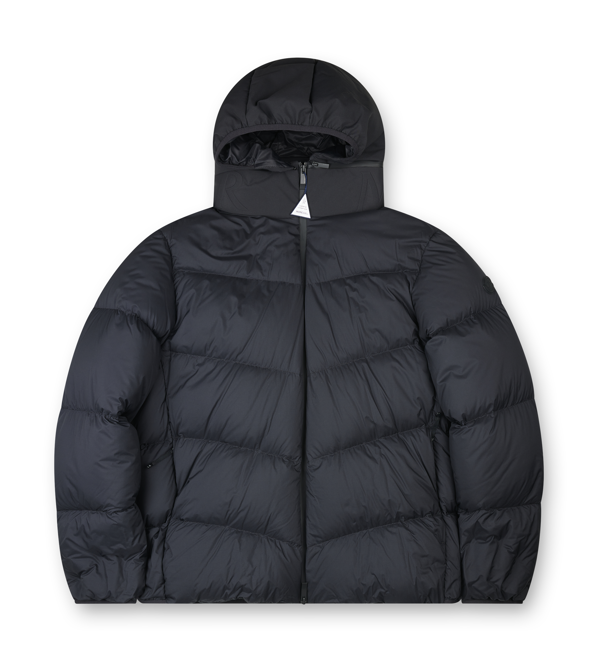 Black puffer jacket with a hood on a white background