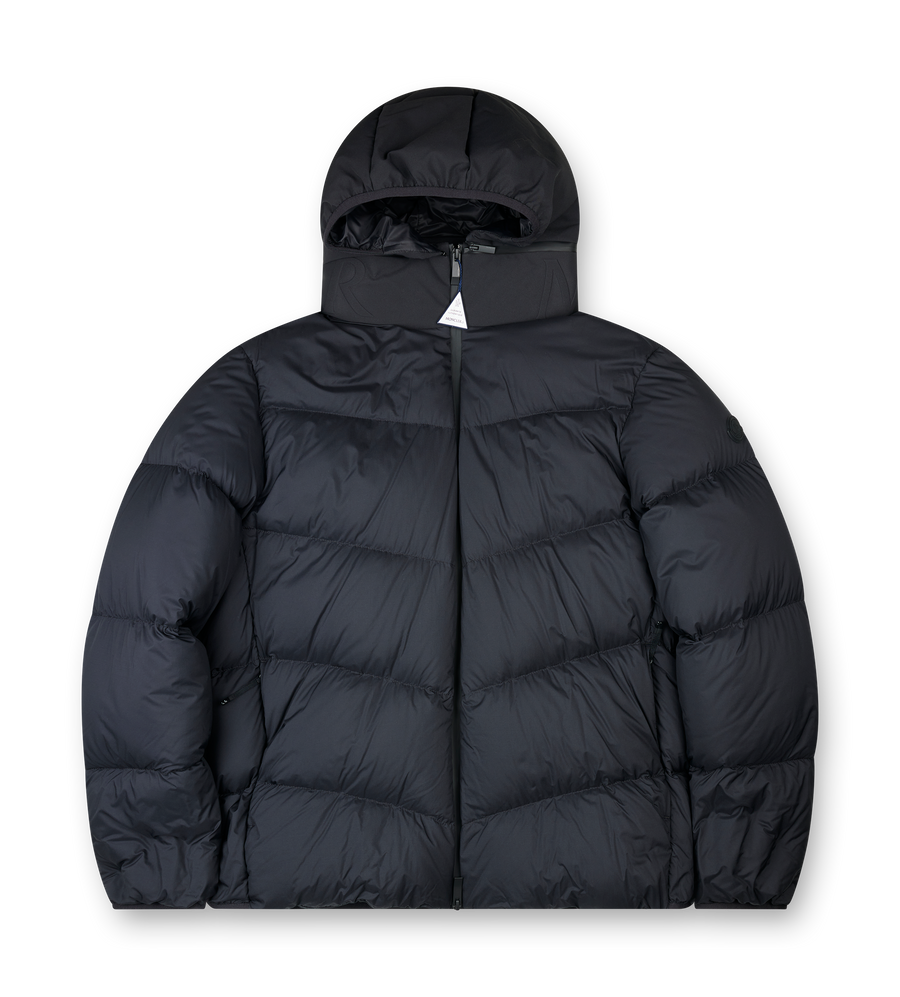 Black puffer jacket with a hood on a white background