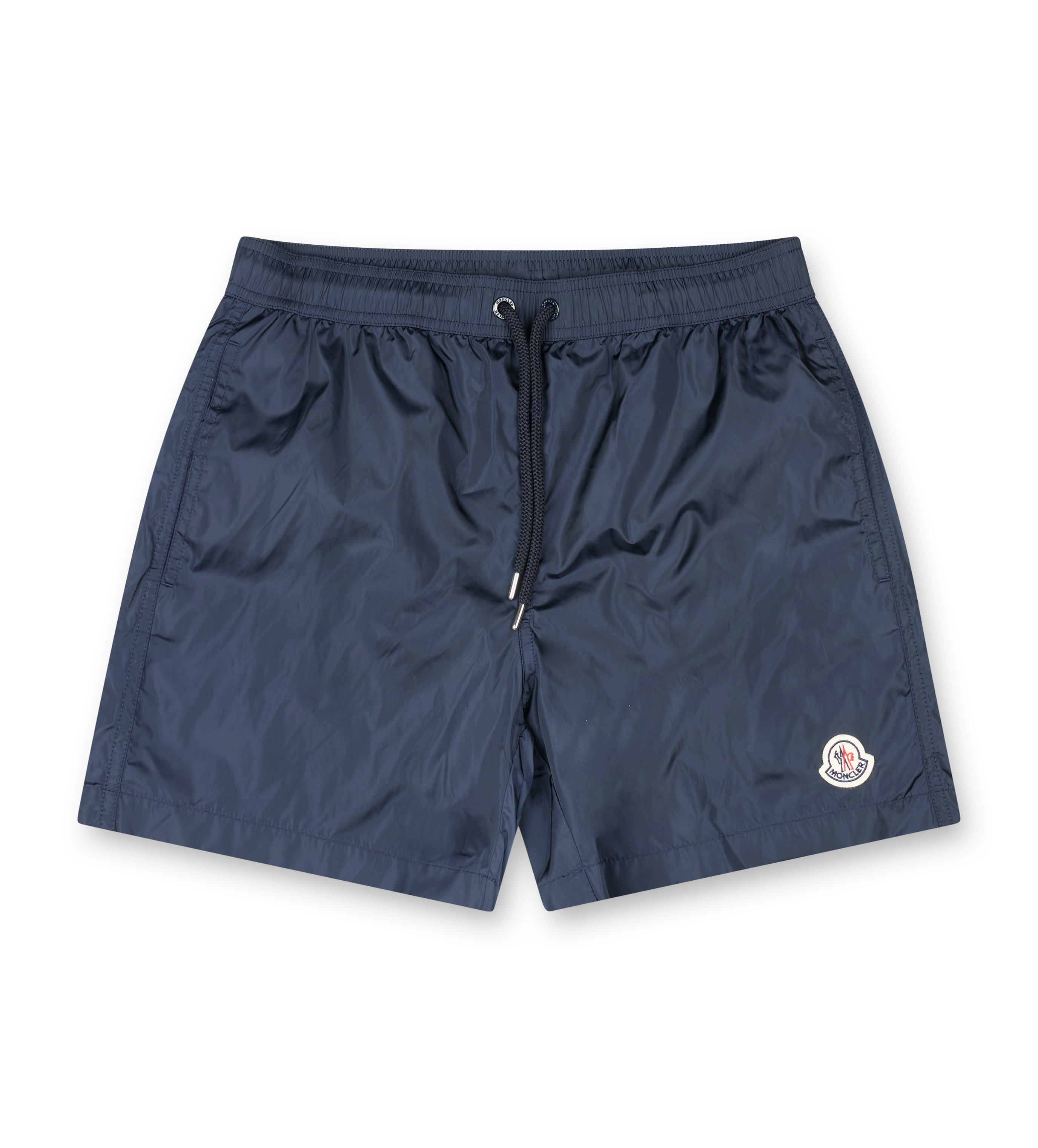 Moncler navy nylon swim shorts with drawstring waist, side pockets, zipped back pocket and silicone logo patch