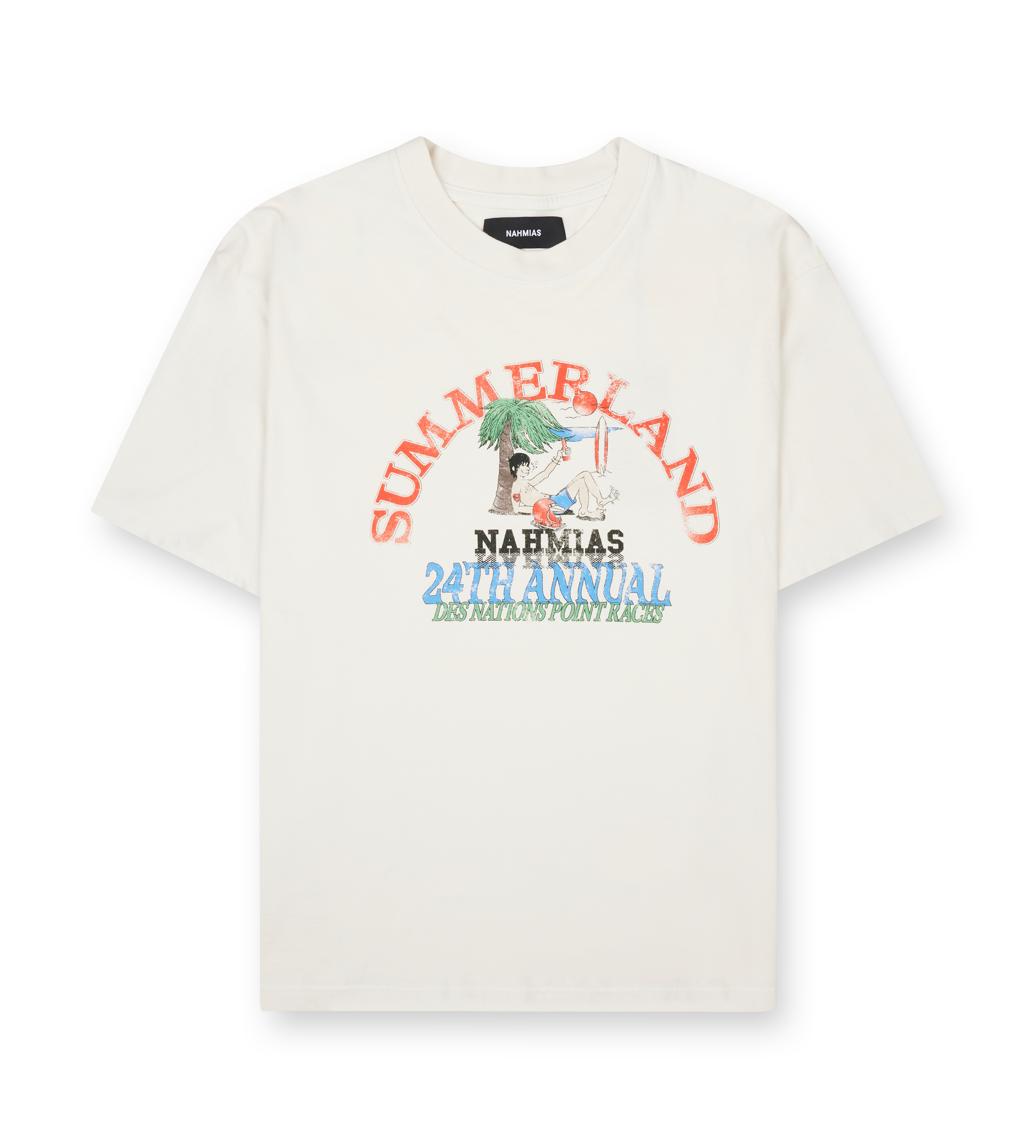 Nahmias Point Dune Races Boxy T-shirt in Egg White with front Point Dune graphic and boxy fit.