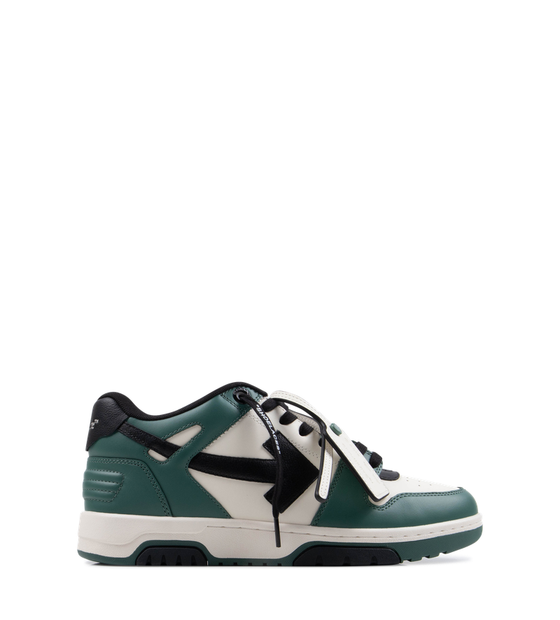 Off-White Out of Office Sneakers in Green and Black — smooth leather low-top sneakers with arrow motifs, branded heel tab and cushioned sole, photographed on a light background.