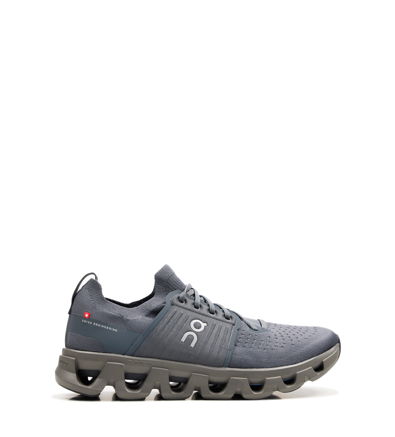 ON Cloudswift 4 running shoe in Stone and Asphalt — engineered knit upper with CloudTec® cushioning and Helion™ midsole, designed for lightweight performance and urban running