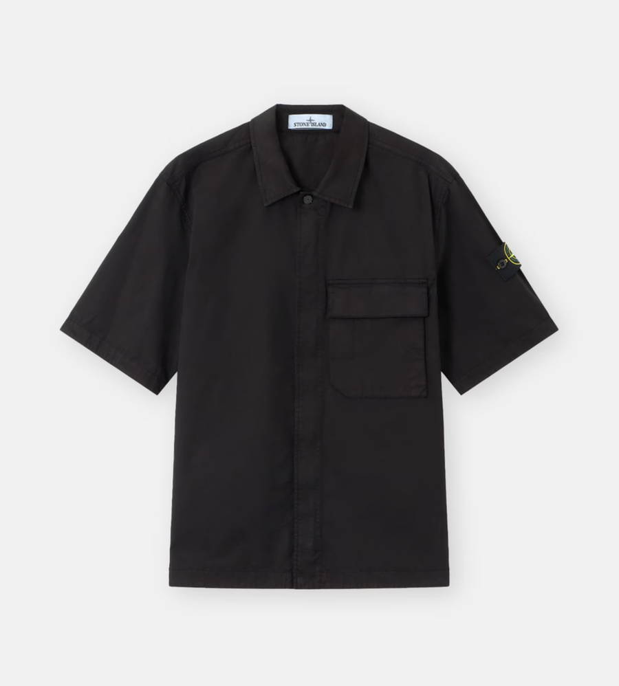Stone Island Stretch Organic Cotton Twill Short-Sleeve Shirt in Black