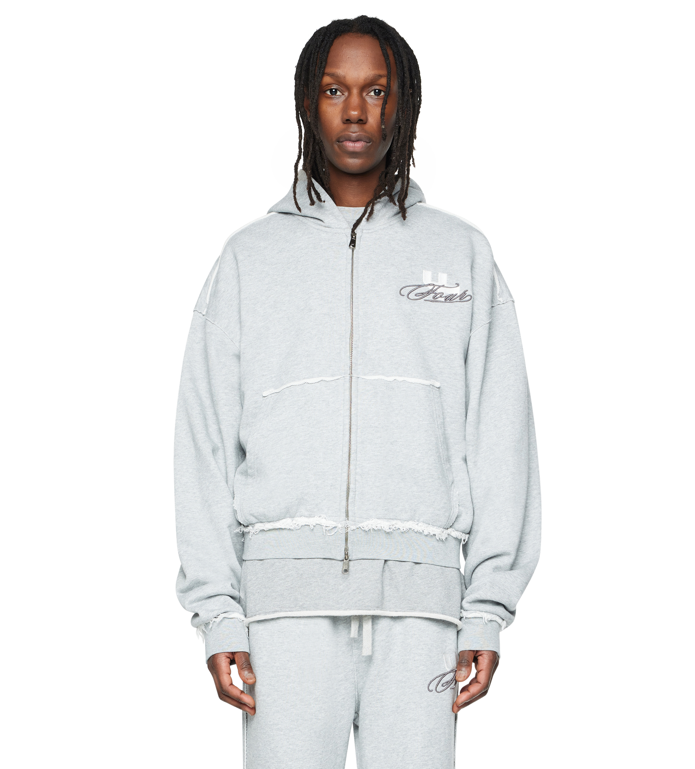 Raw Edge Zip Up Hoodie Grey Melange