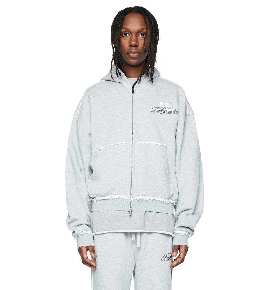 Raw Edge Zip Up Hoodie Grey Melange