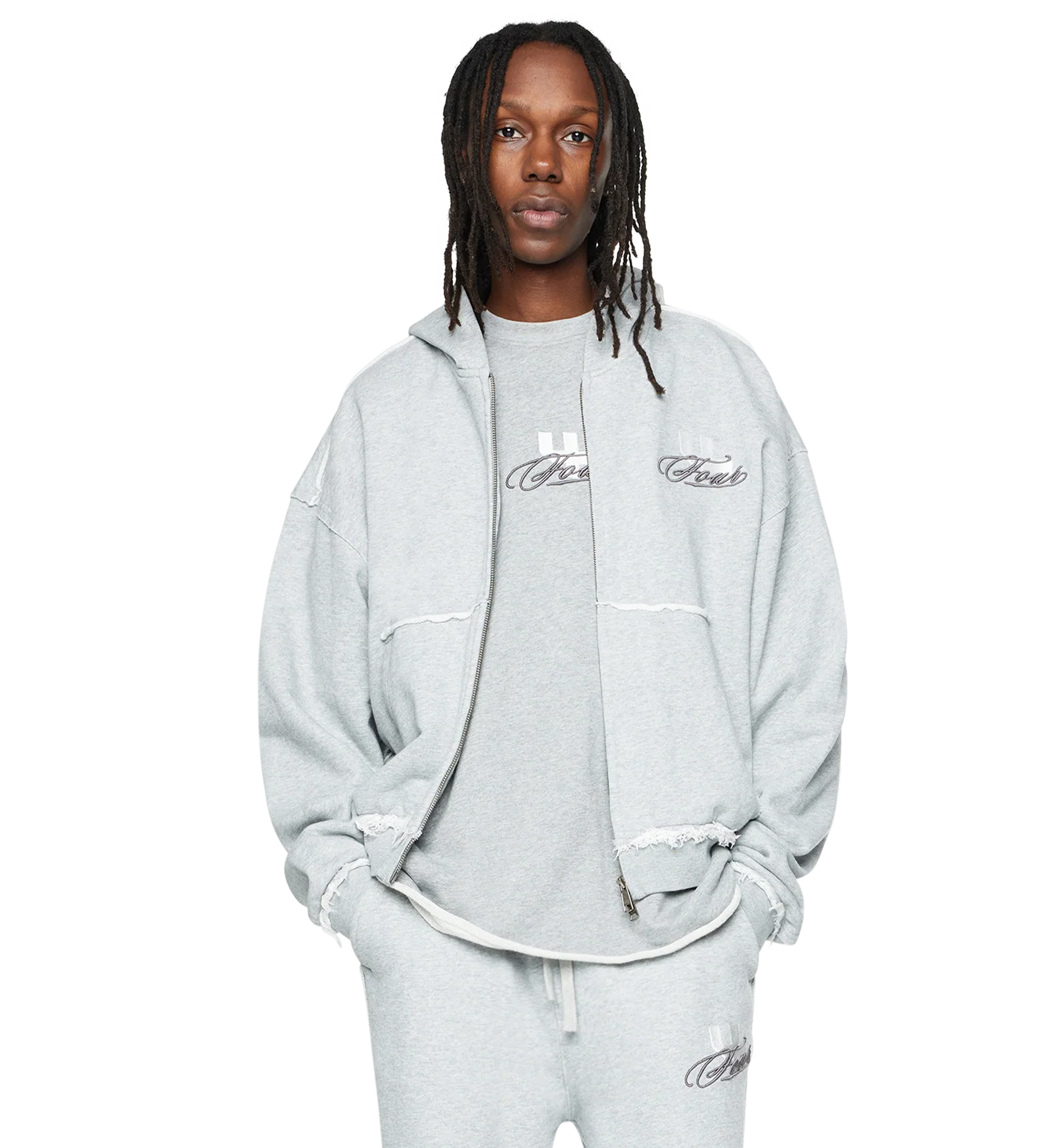 Raw Edge Zip Up Hoodie Grey Melange