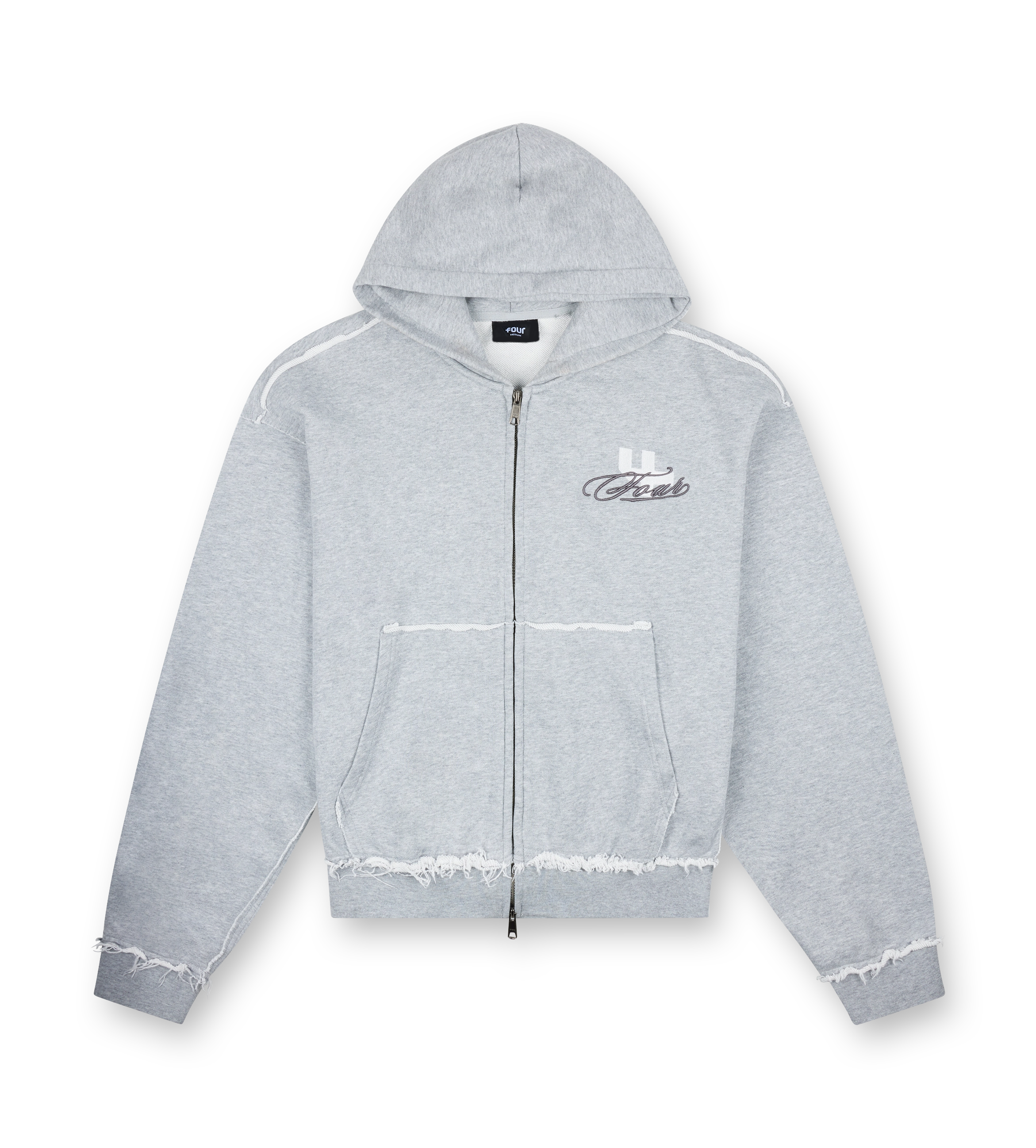 Raw Edge Zip Up Hoodie Grey Melange