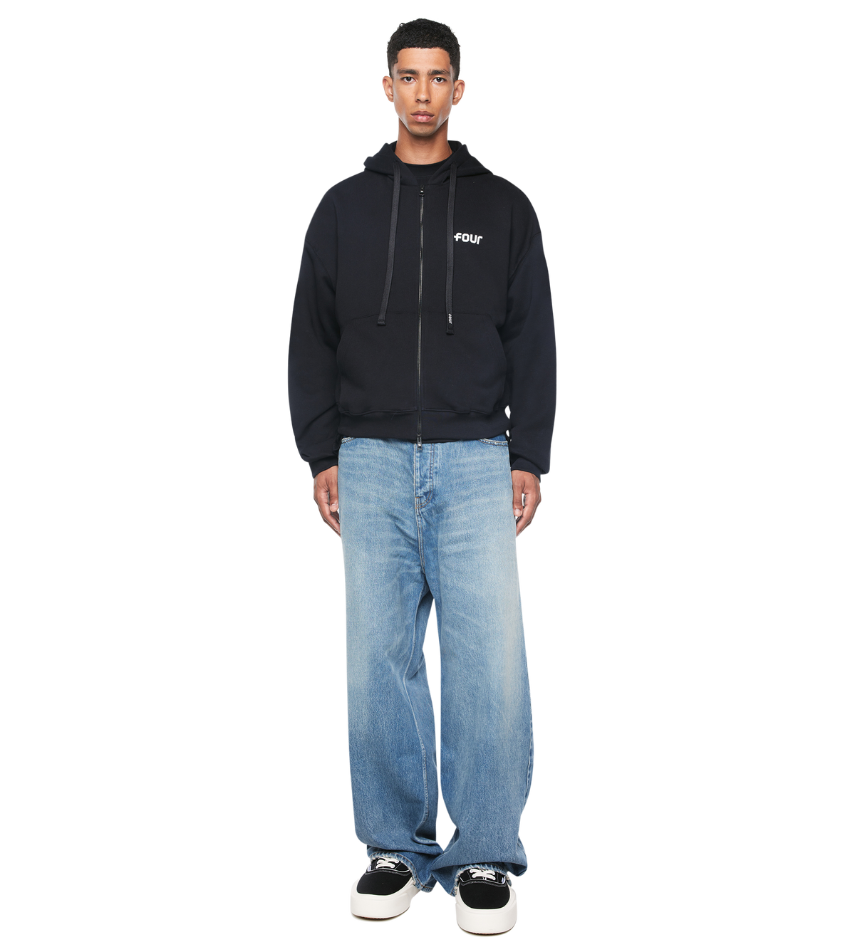 Logo Boxy Zip Up Hoodie Black