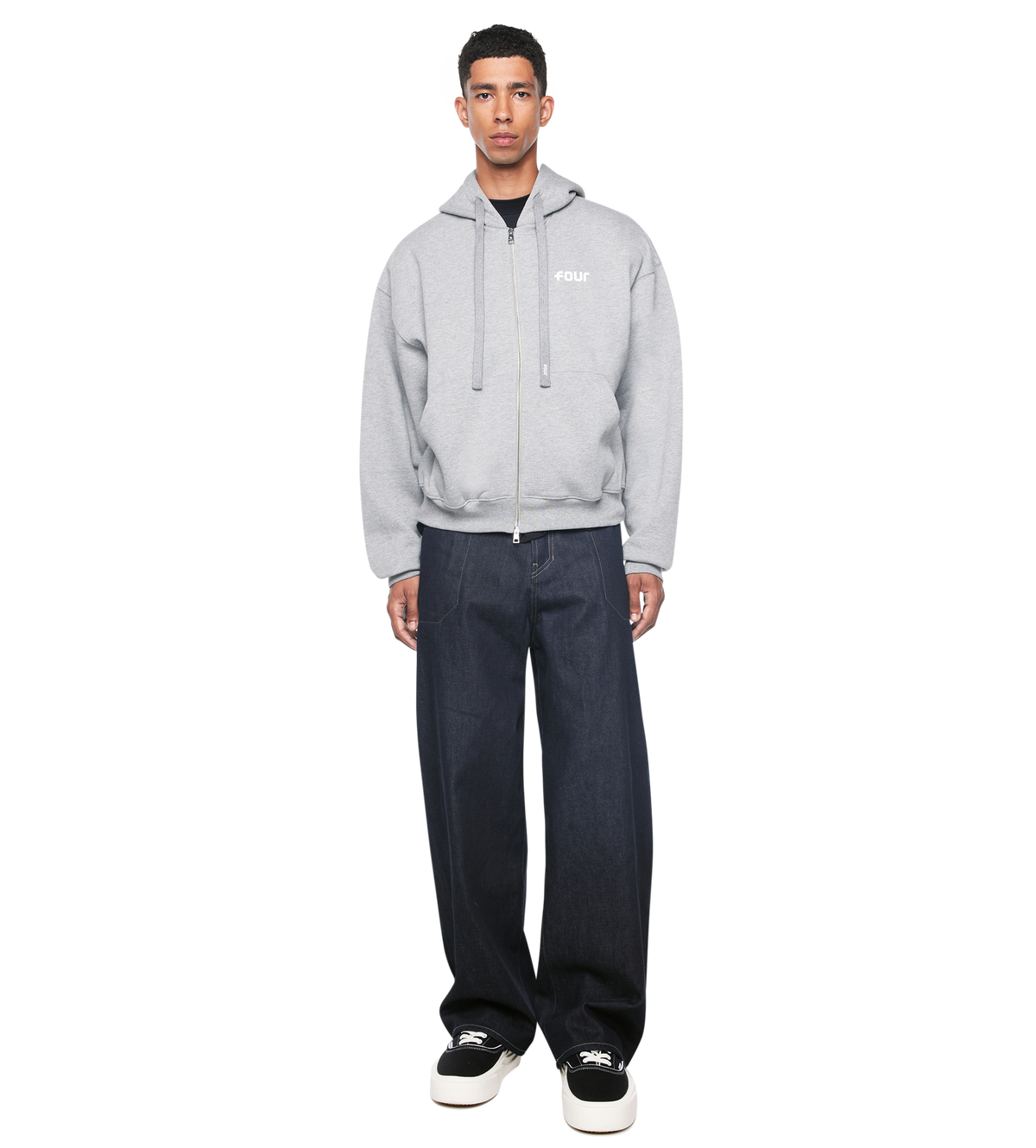 Logo Boxy Zip Up Hoodie Grey Melange