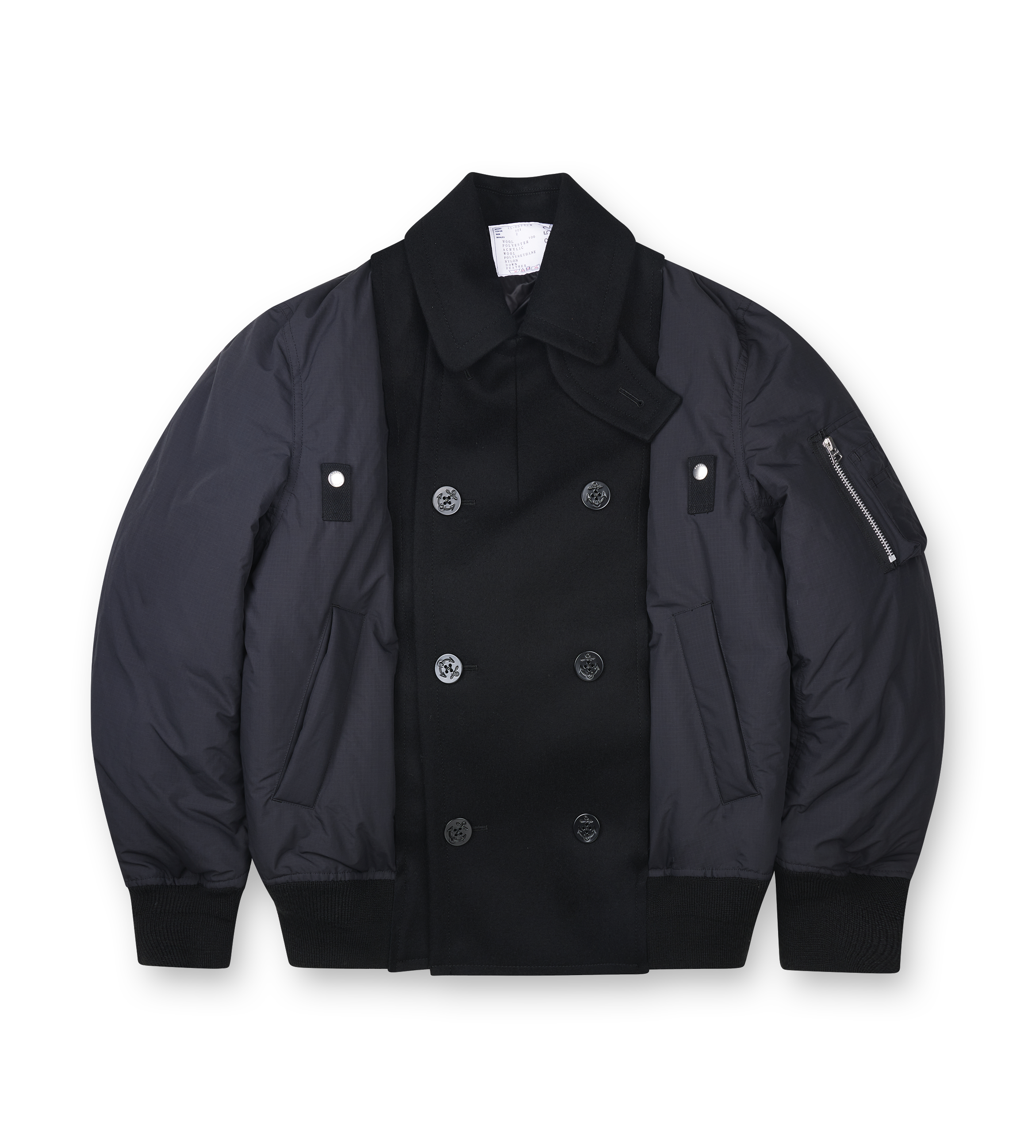 sacai black double-breasted wool jacket with bomber-style sleeves, contrasting panels and zip pocket