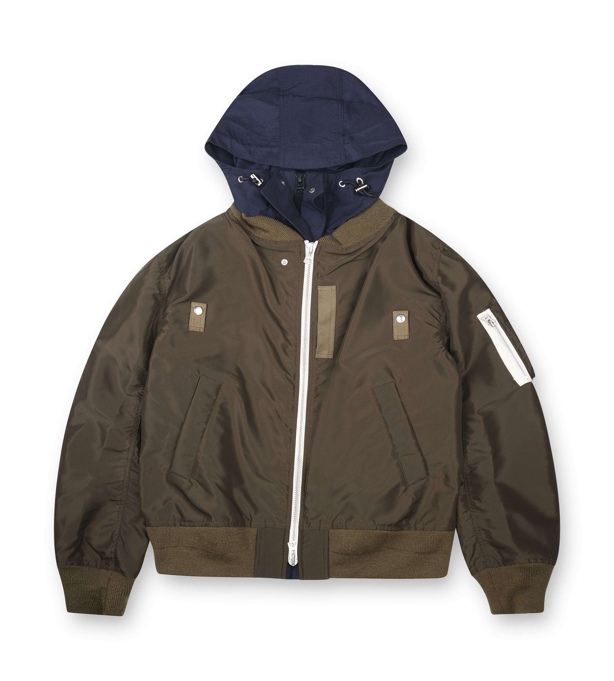 sacai green Nylon Twill x Grosgrain blouson bomber jacket with hood, zip closure and ribbed trims