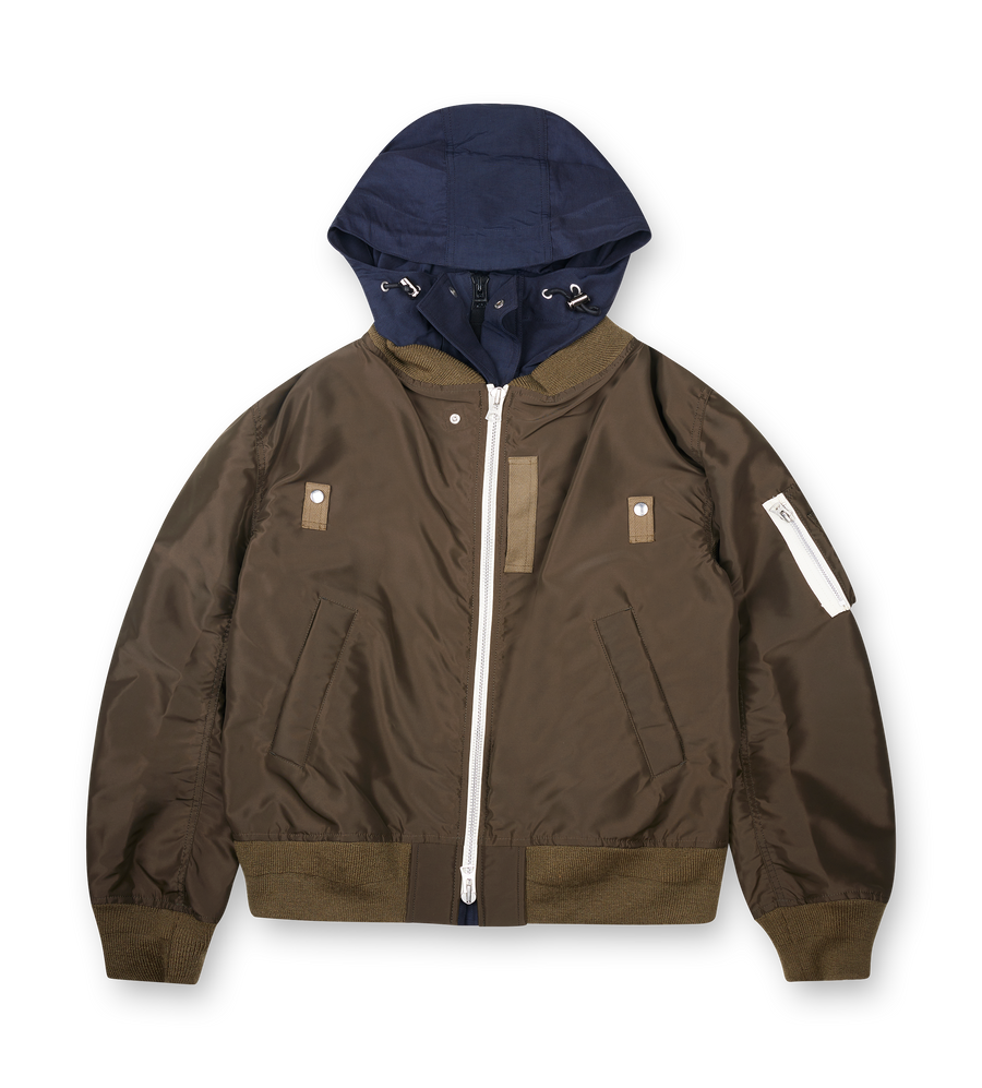 sacai green Nylon Twill x Grosgrain blouson bomber jacket with hood, zip closure and ribbed trims