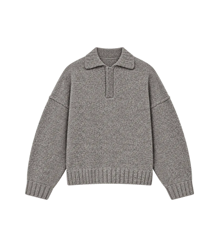 Wool Knit Polo Sweater in Anthracite