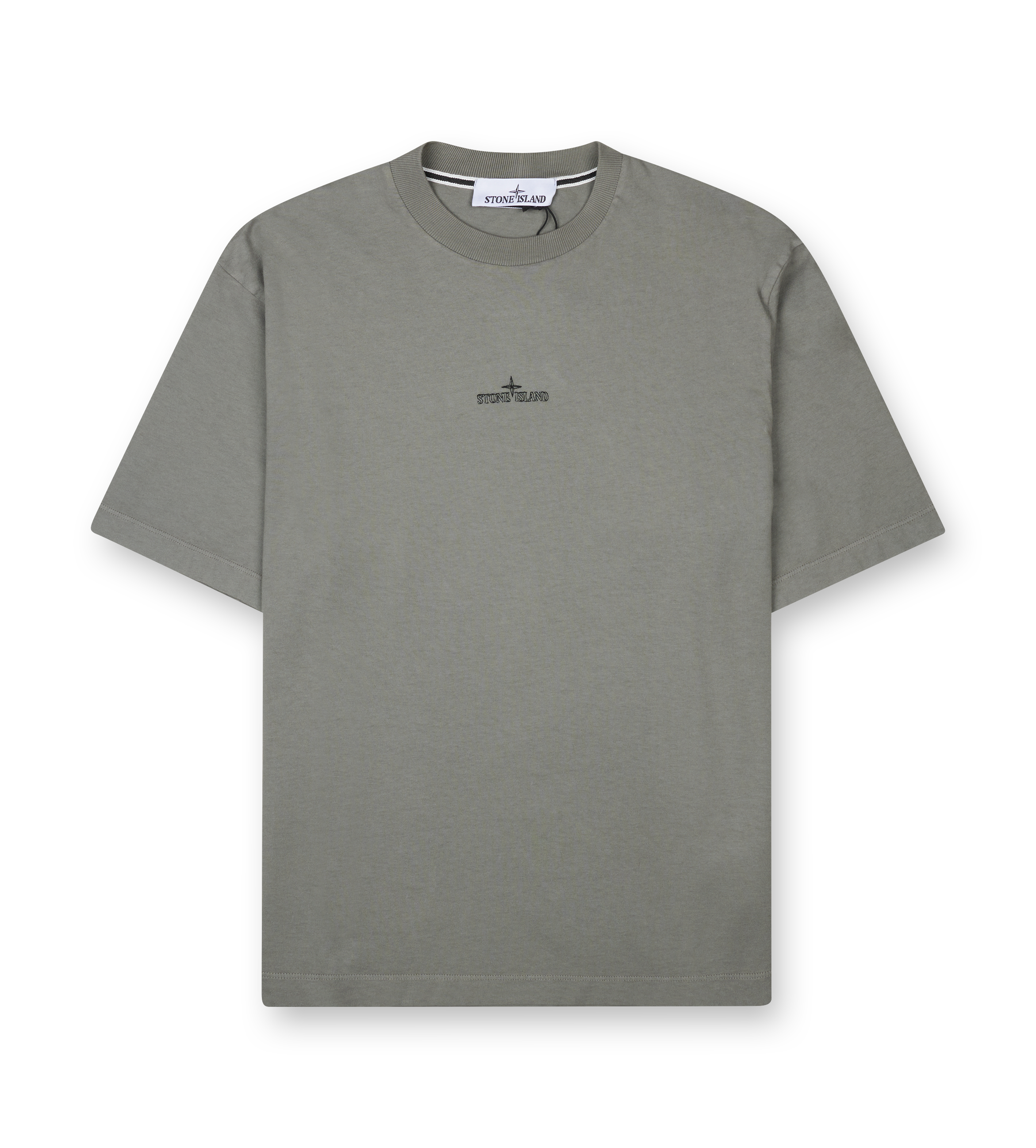 Stone Island Megacity Sky embroidered T-shirt in white cotton jersey, featuring logo detail at the chest and abstract city motif on the back.