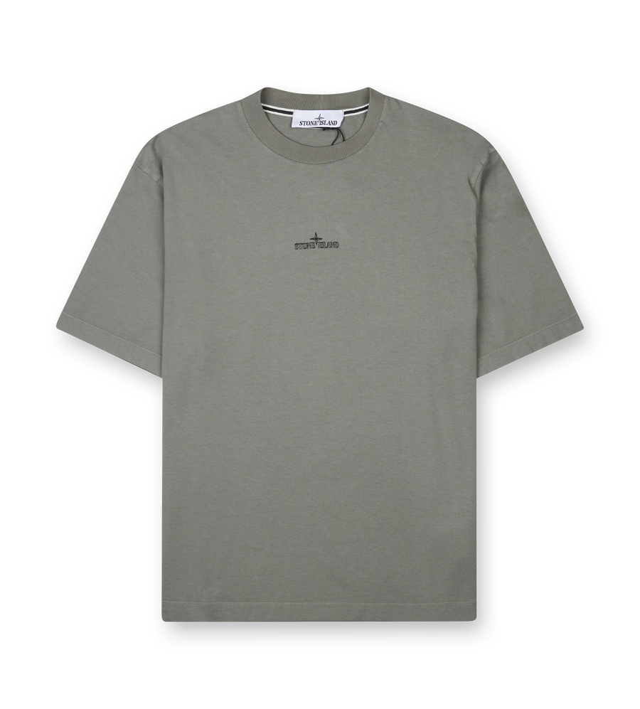 Stone Island Megacity Sky embroidered T-shirt in white cotton jersey, featuring logo detail at the chest and abstract city motif on the back.