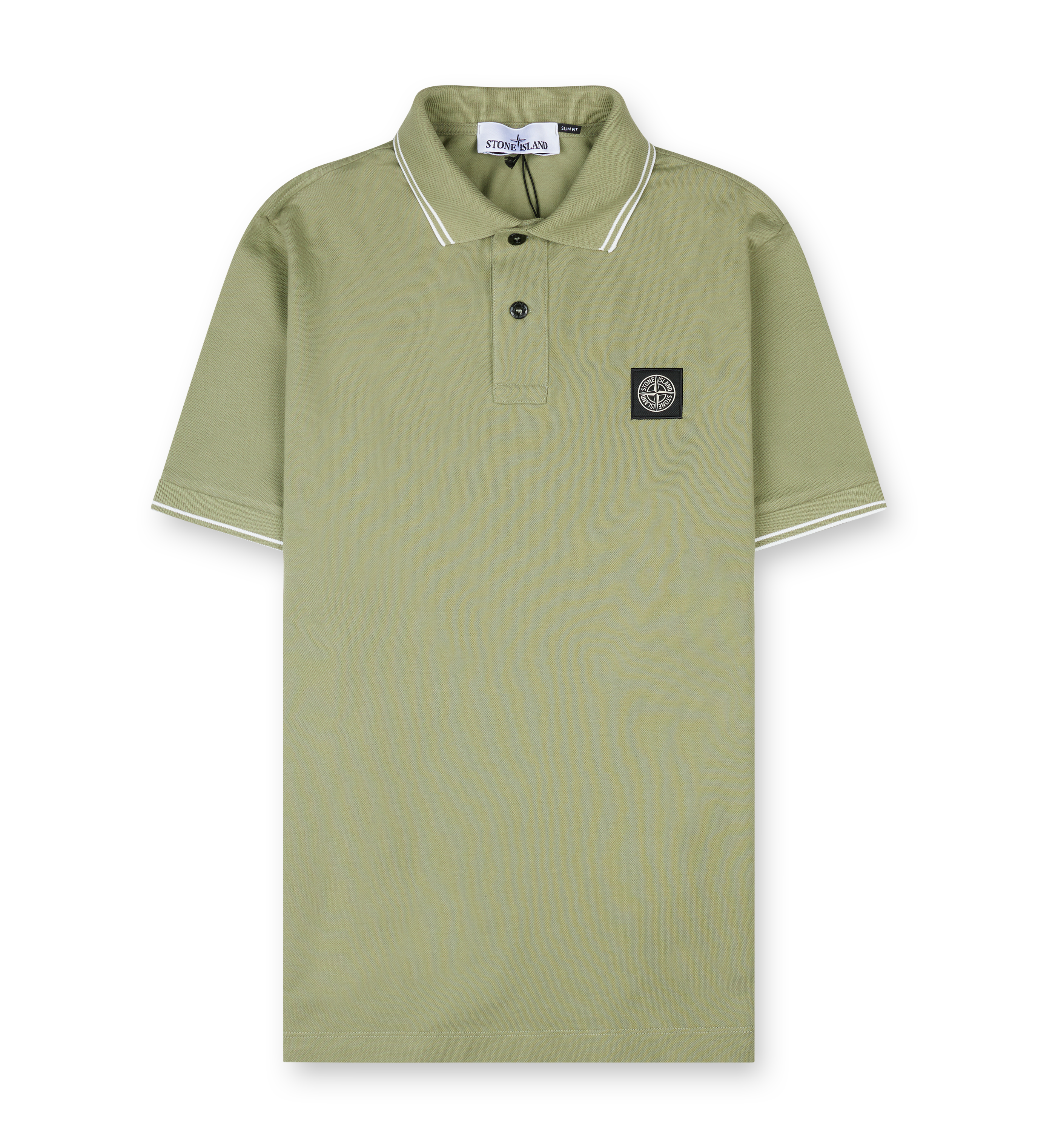Stone Island slim-fit polo shirt in sage green with striped collar and Compass patch on chest