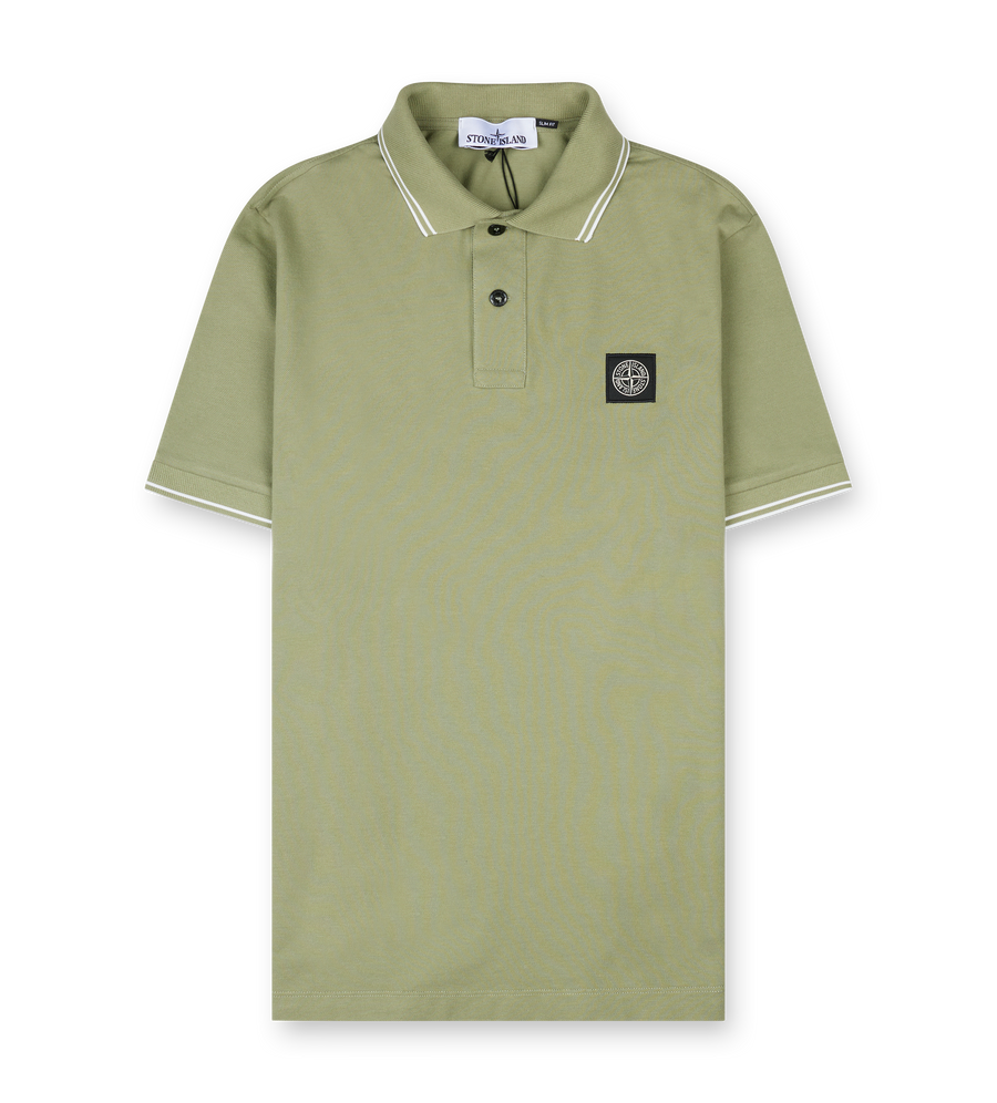 Stone Island slim-fit polo shirt in sage green with striped collar and Compass patch on chest