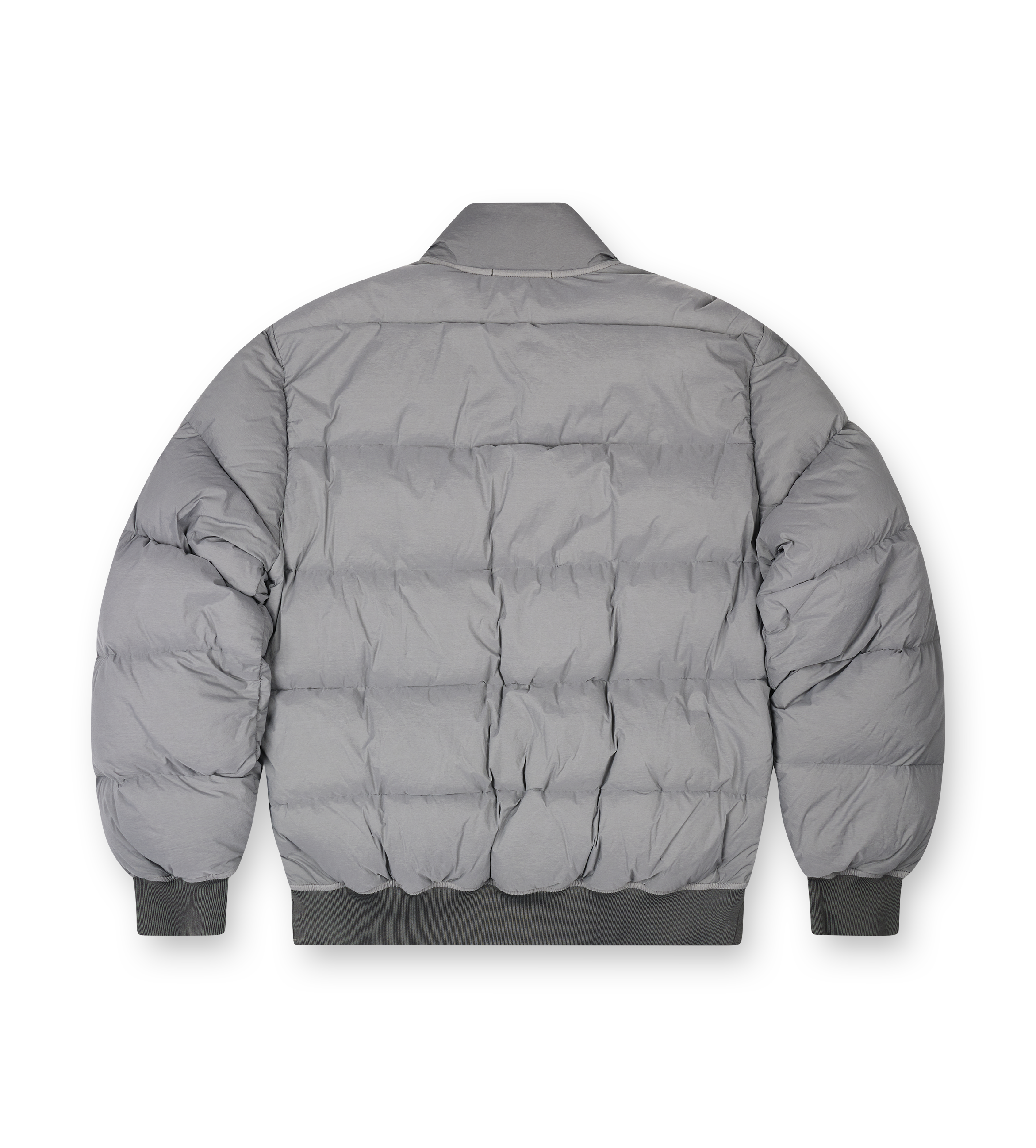 Gray puffer jacket on a white background