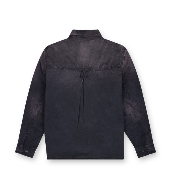Oversized black cotton gabardine shirt with chest embroidery