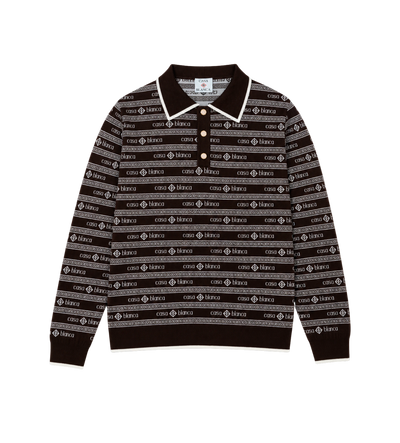 Knit Logo Long Sleeve Polo Shirt Dark Brown