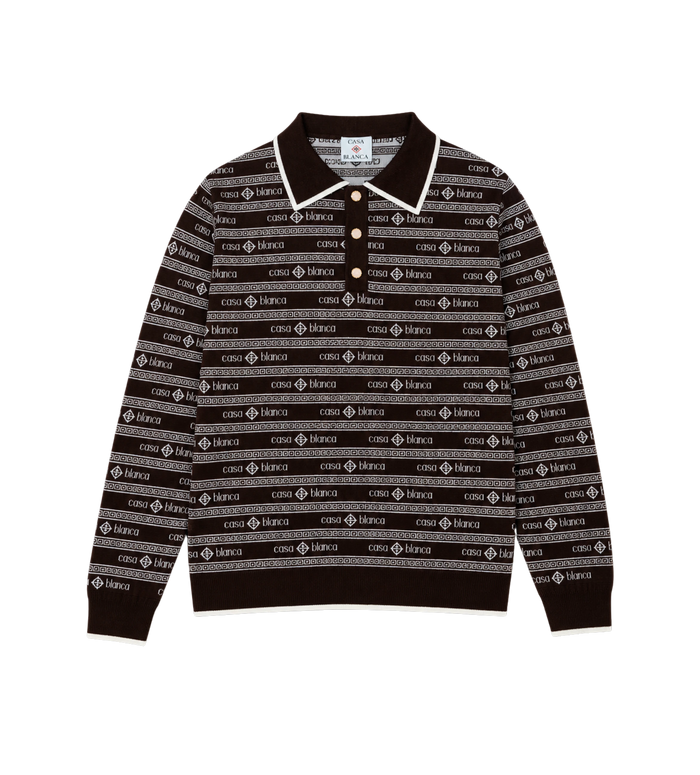 Knit Logo Long Sleeve Polo Shirt Dark Brown