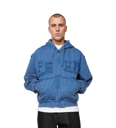 Logo Destroyed Boxy Zip Up Hoodie Washed Blauw