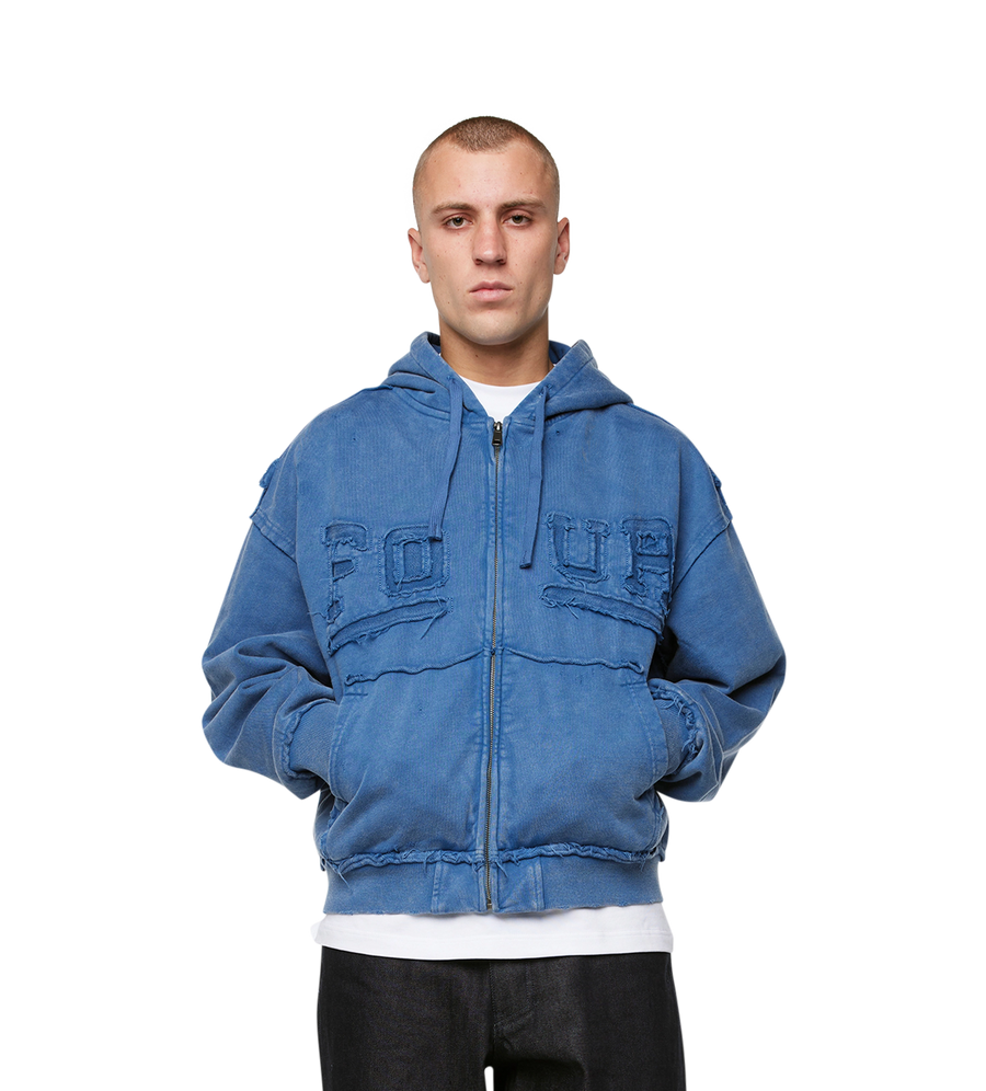 Logo Destroyed Boxy Zip Up Hoodie Washed Blauw