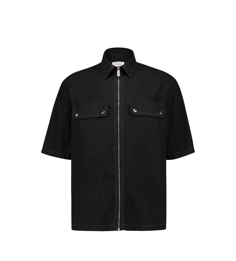 Off-White Short-Sleeve Zip Shirt with Arrow Motif in Black