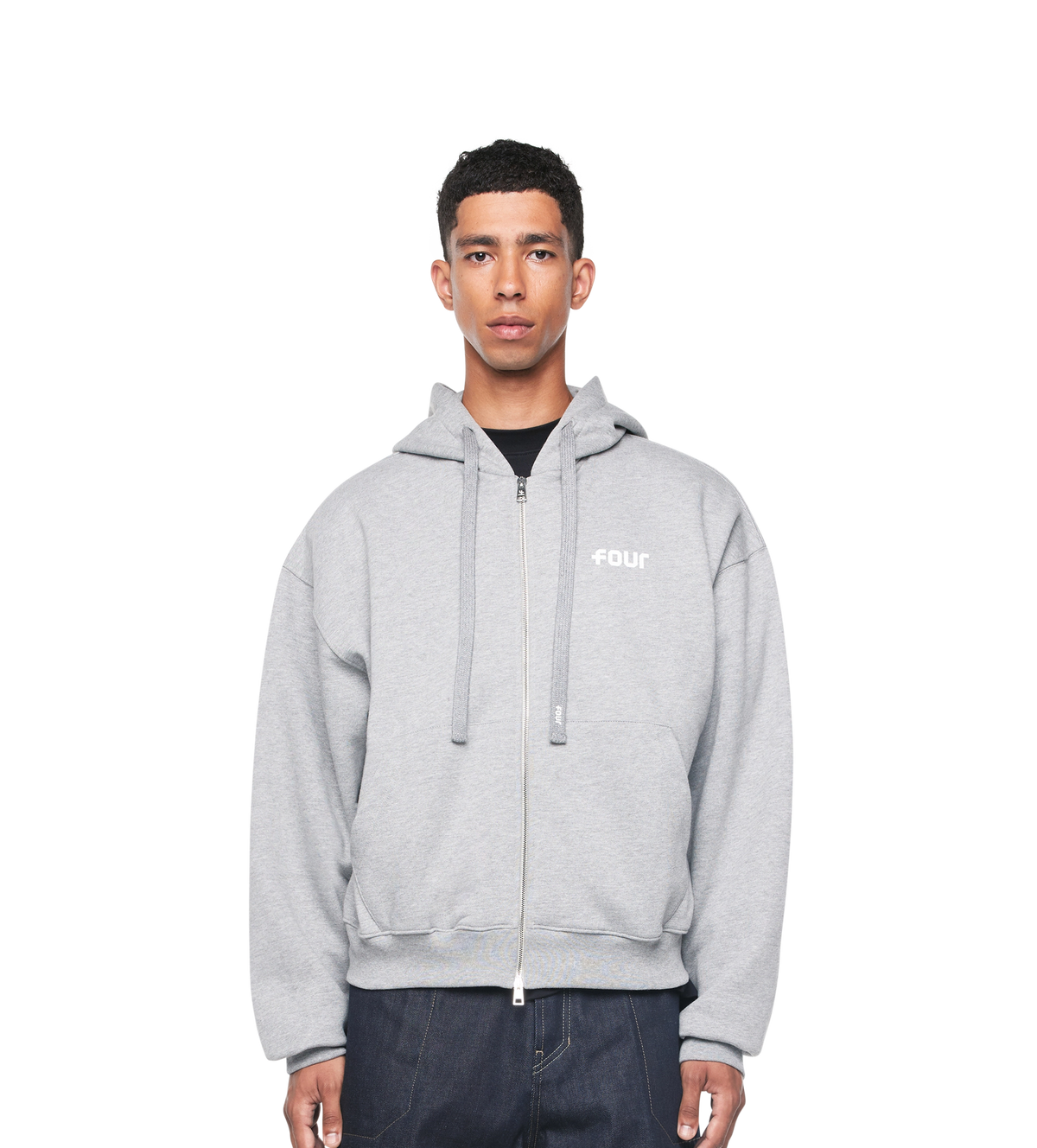 Logo Boxy Zip Up Hoodie Grey Melange