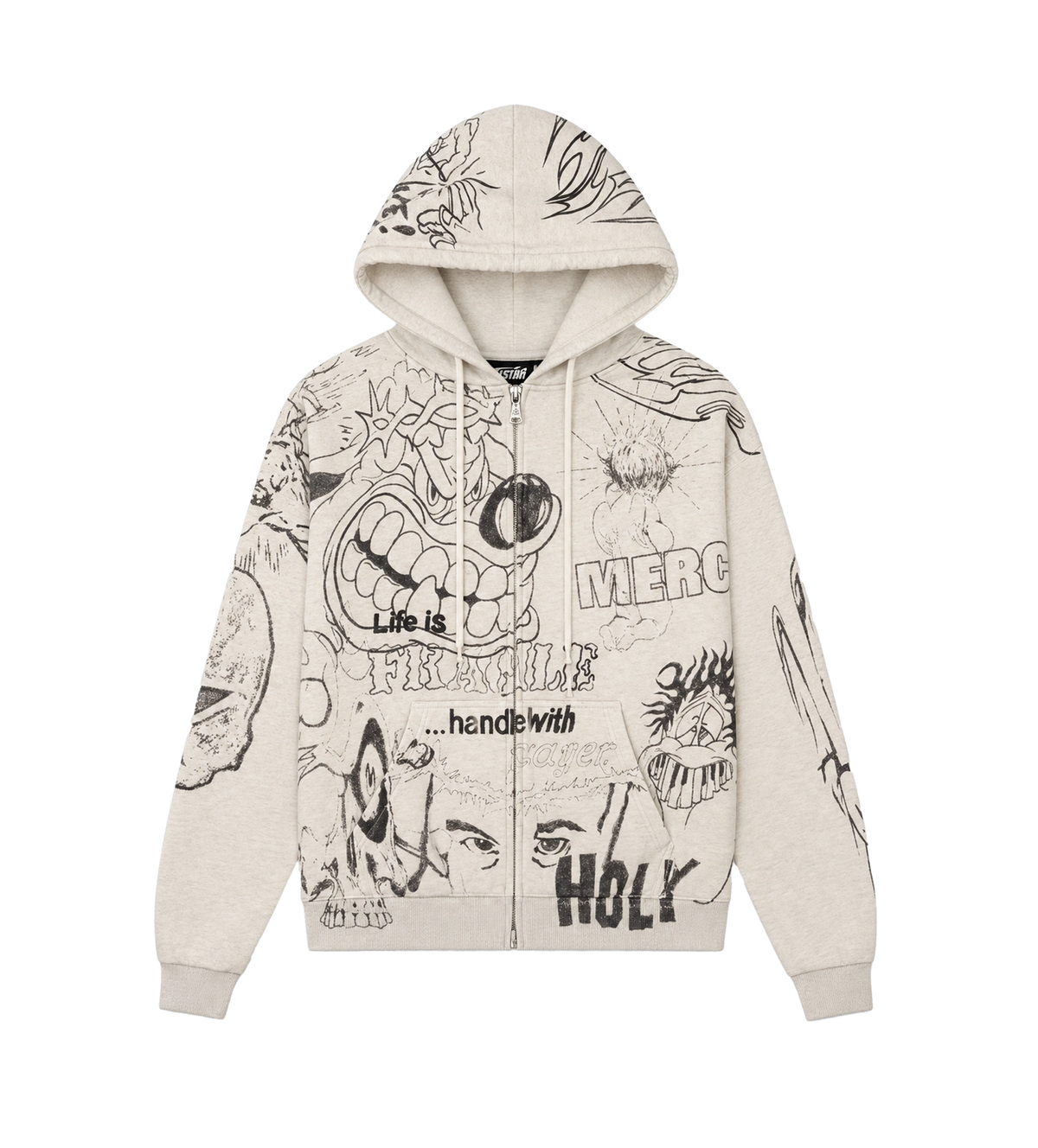 Graffiti Mirror Face Zip-Up Hoodie Grey