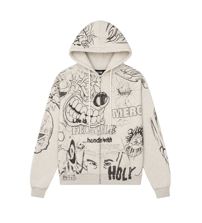Graffiti Mirror Face Zip-Up Hoodie Grey