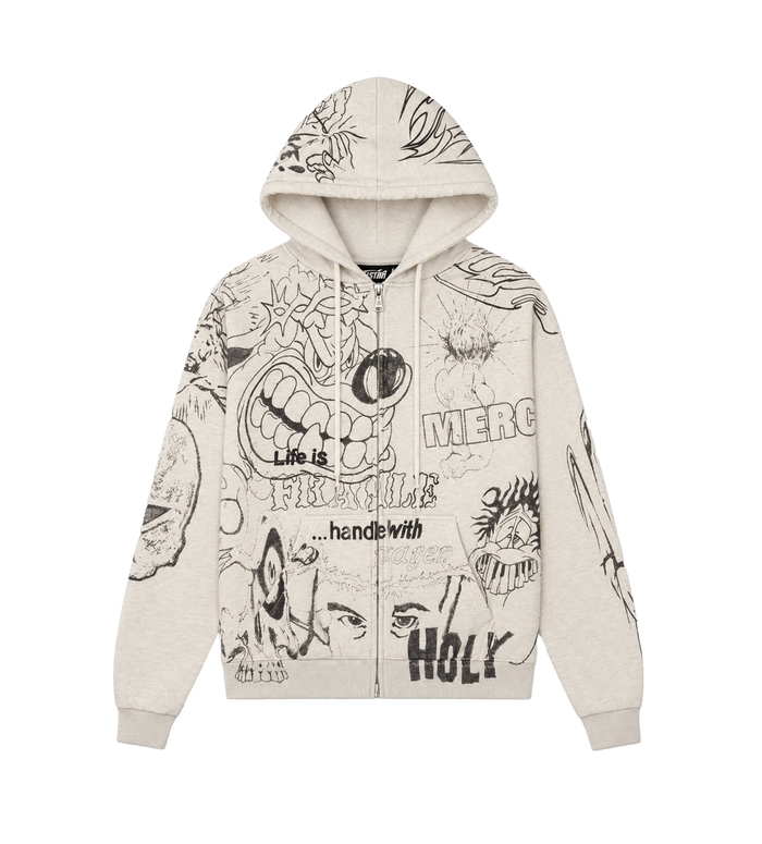 Graffiti Mirror Face Zip-Up Hoodie Grey
