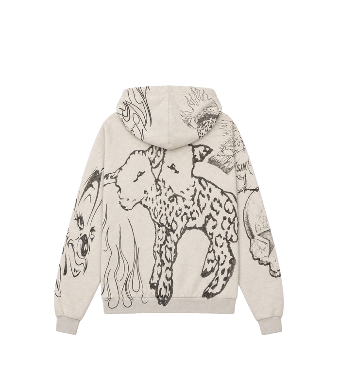 Graffiti Mirror Face Zip-Up Hoodie Grey