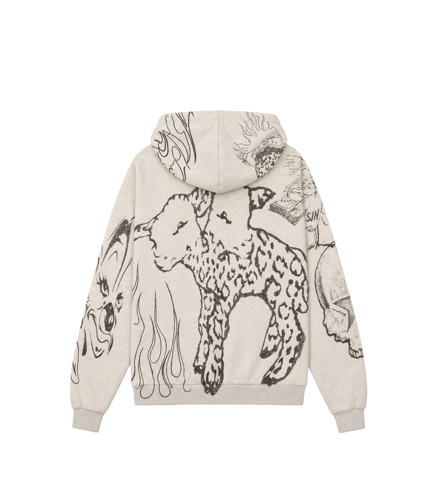 Graffiti Mirror Face Zip-Up Hoodie Grey